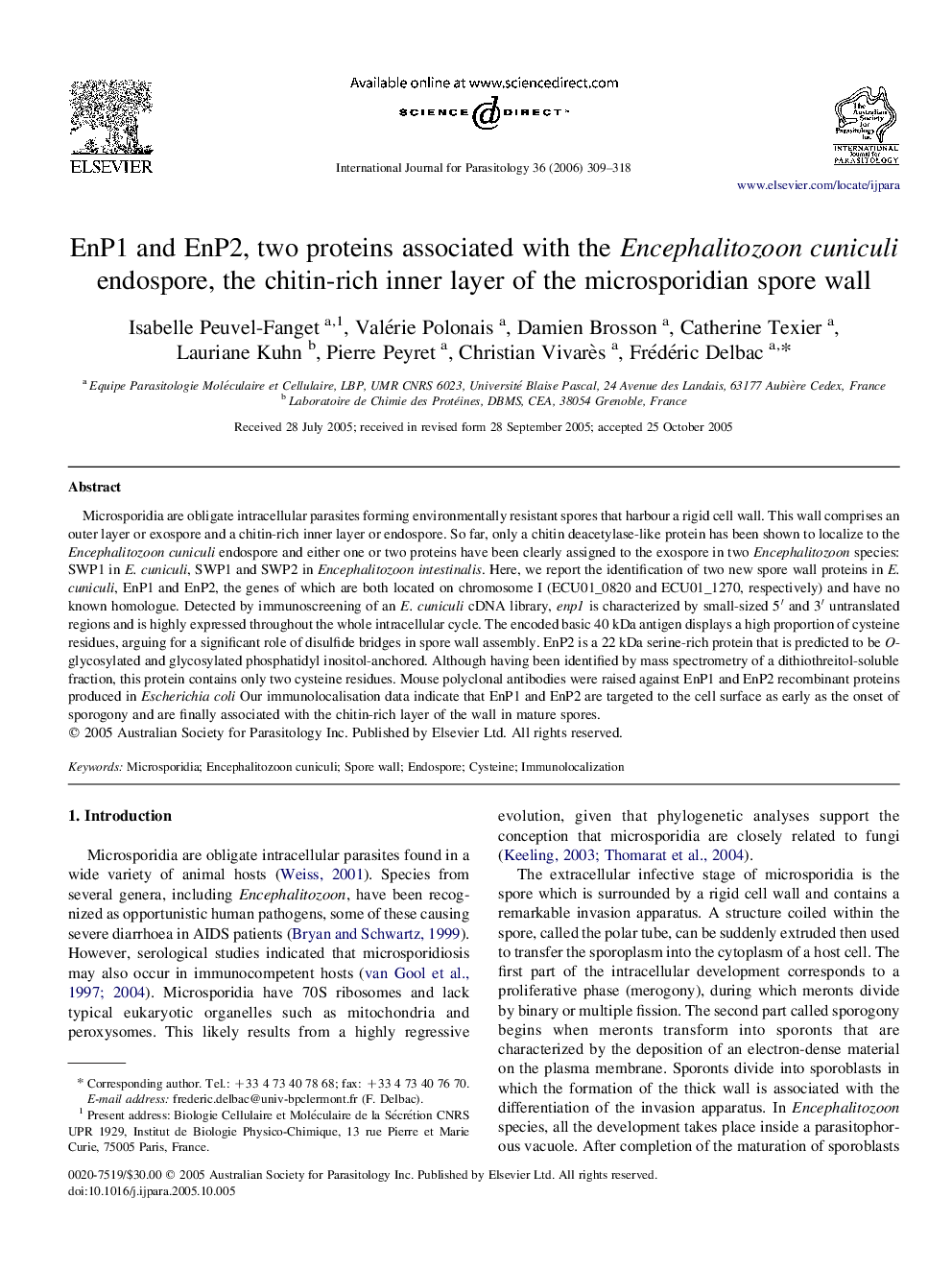 EnP1 and EnP2, two proteins associated with the Encephalitozoon cuniculi endospore, the chitin-rich inner layer of the microsporidian spore wall