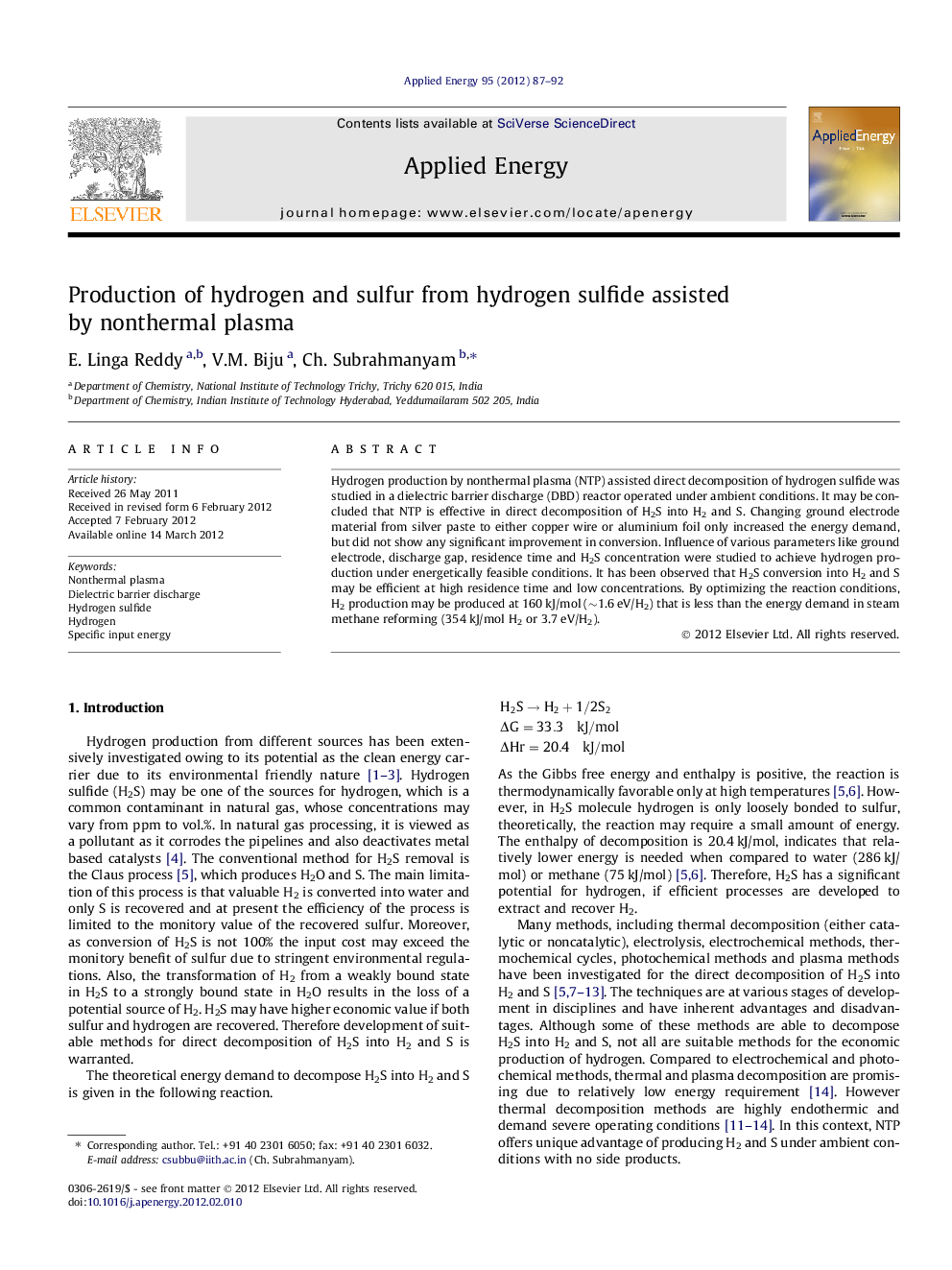 Production of hydrogen and sulfur from hydrogen sulfide assisted by nonthermal plasma