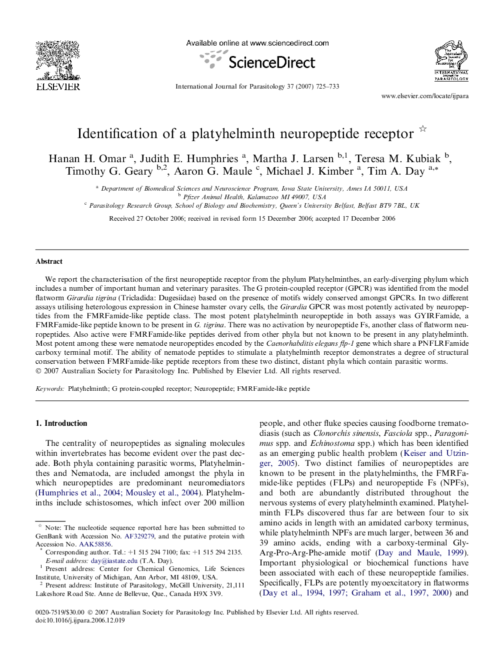 Identification of a platyhelminth neuropeptide receptor 