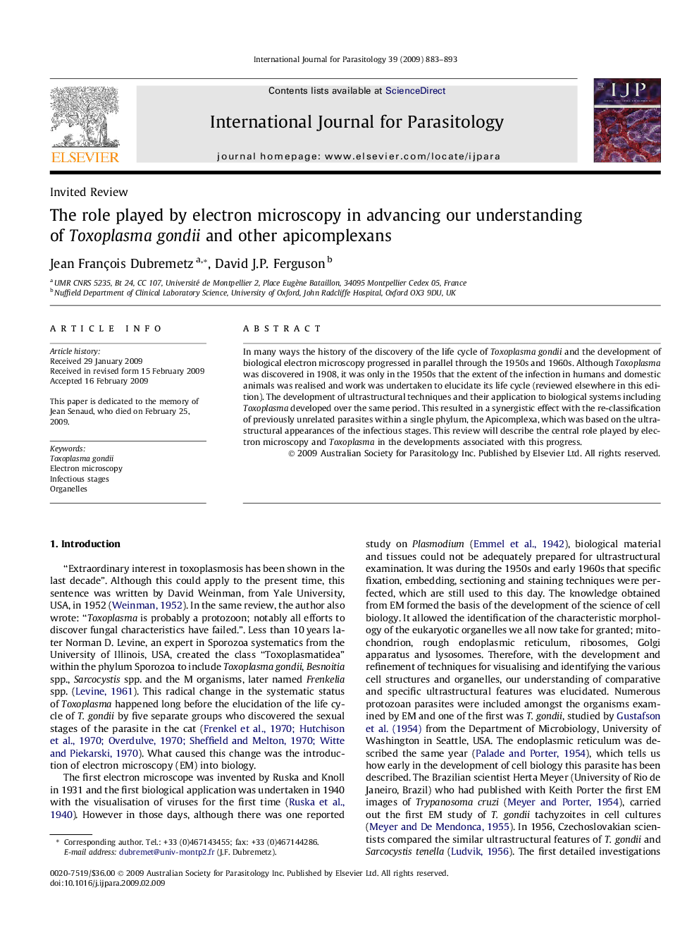 The role played by electron microscopy in advancing our understanding of Toxoplasma gondii and other apicomplexans
