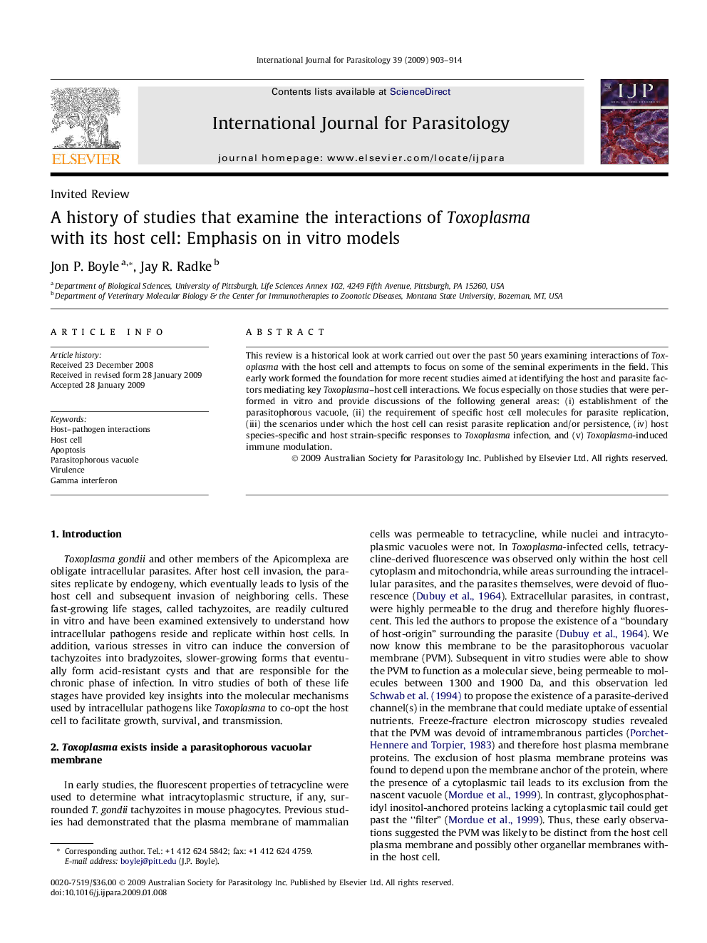 A history of studies that examine the interactions of Toxoplasma with its host cell: Emphasis on in vitro models