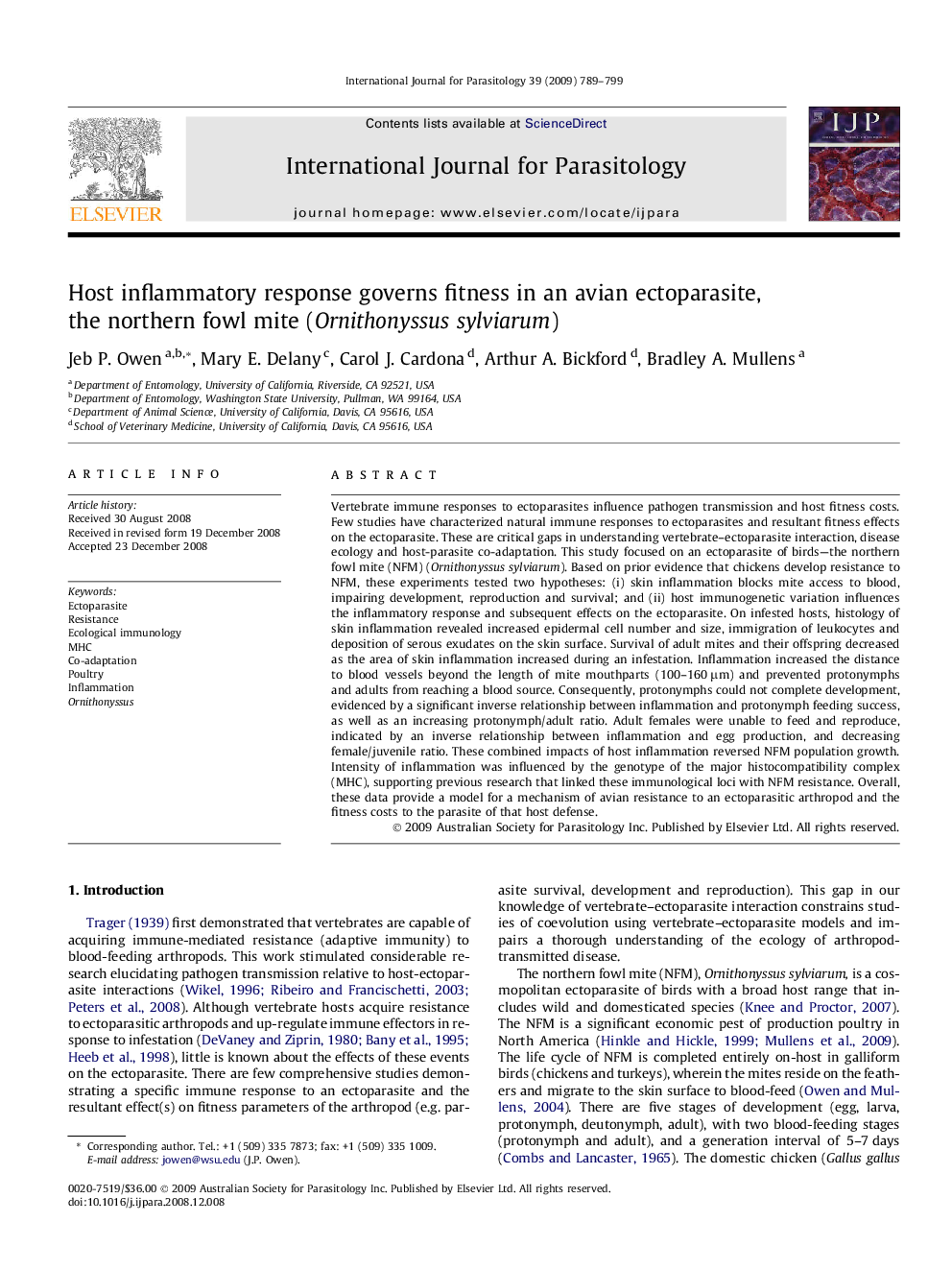 Host inflammatory response governs fitness in an avian ectoparasite, the northern fowl mite (Ornithonyssus sylviarum)