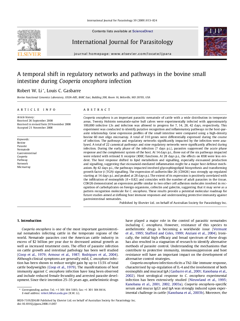 A temporal shift in regulatory networks and pathways in the bovine small intestine during Cooperia oncophora infection