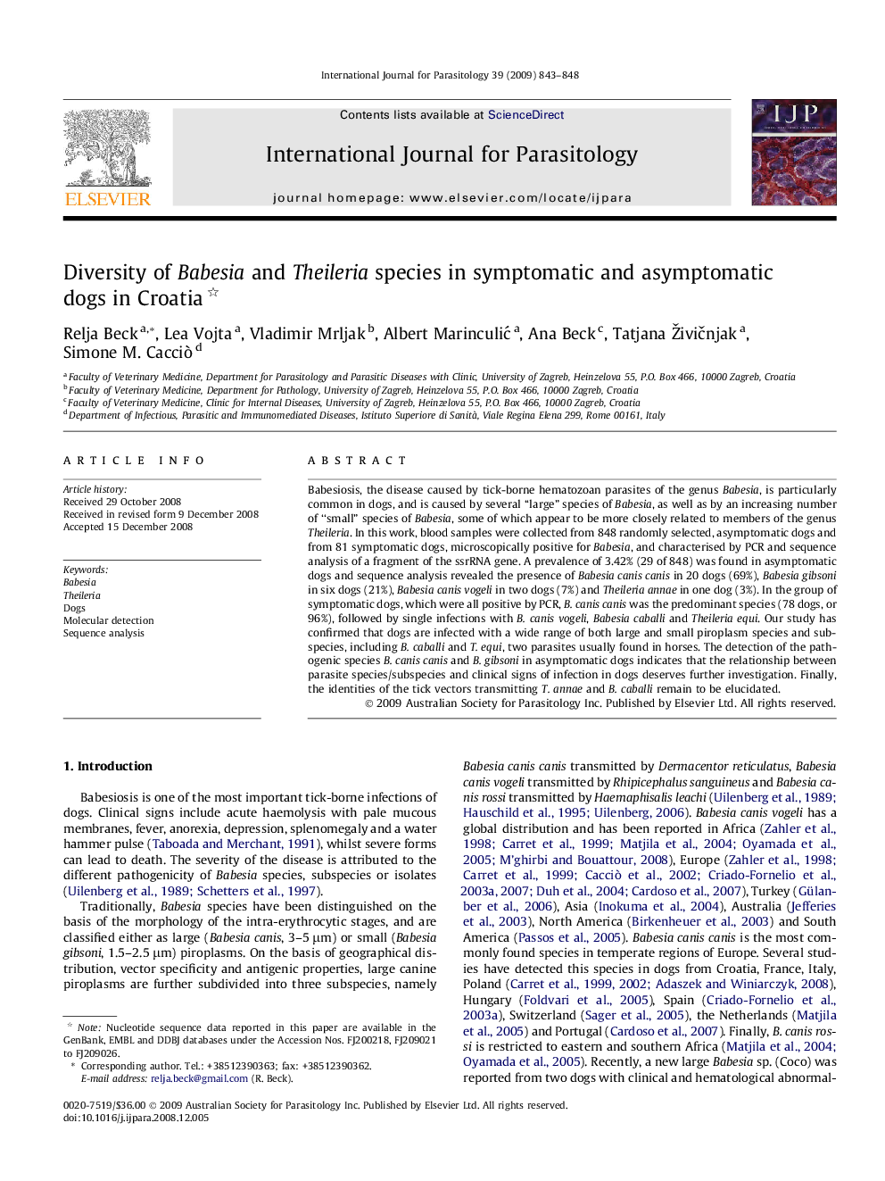 Diversity of Babesia and Theileria species in symptomatic and asymptomatic dogs in Croatia 