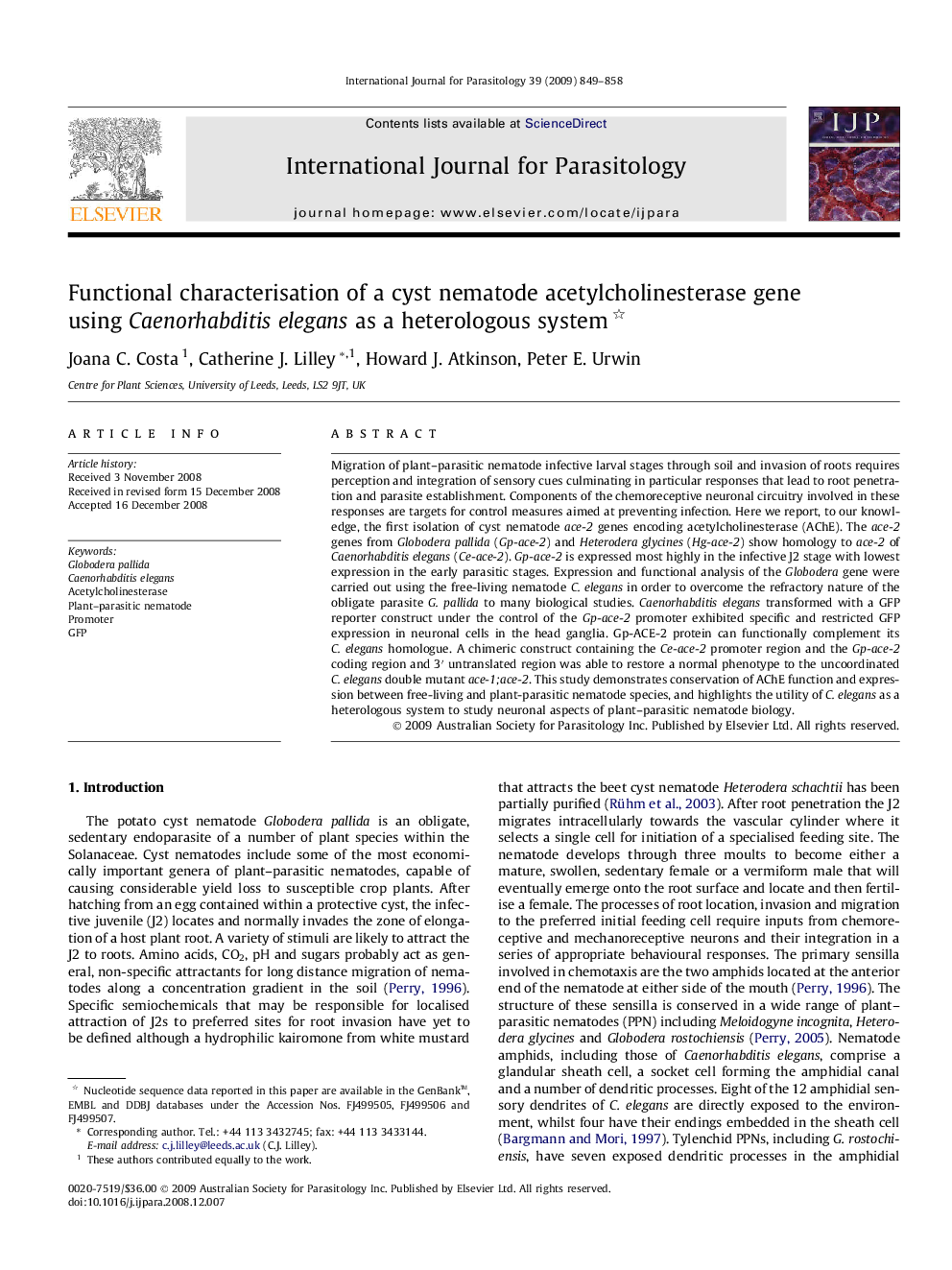 Functional characterisation of a cyst nematode acetylcholinesterase gene using Caenorhabditis elegans as a heterologous system 