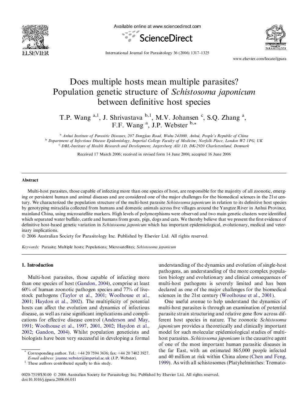 Does multiple hosts mean multiple parasites? Population genetic structure of Schistosoma japonicum between definitive host species