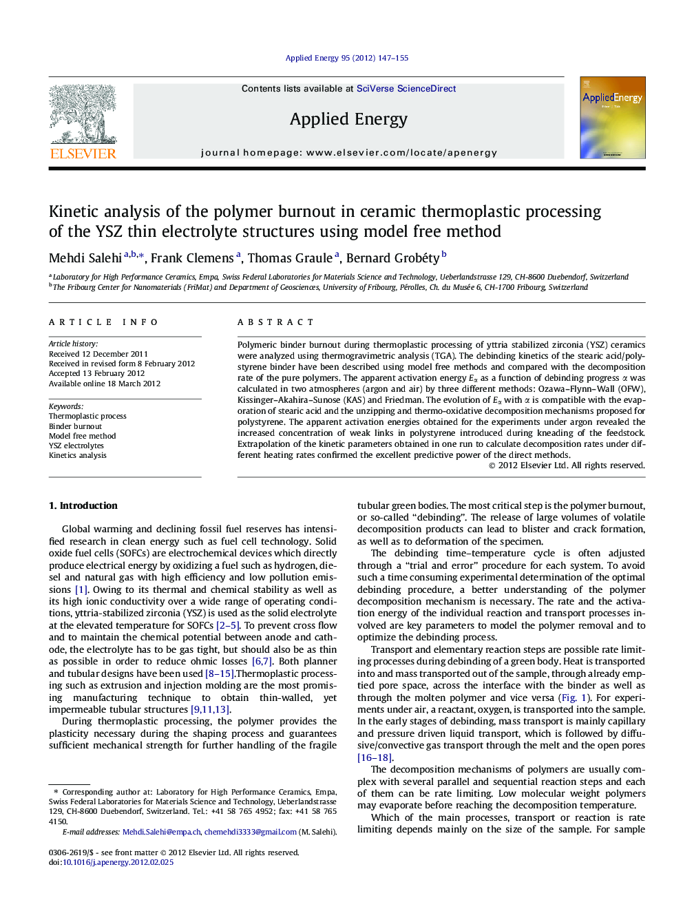 Kinetic analysis of the polymer burnout in ceramic thermoplastic processing of the YSZ thin electrolyte structures using model free method