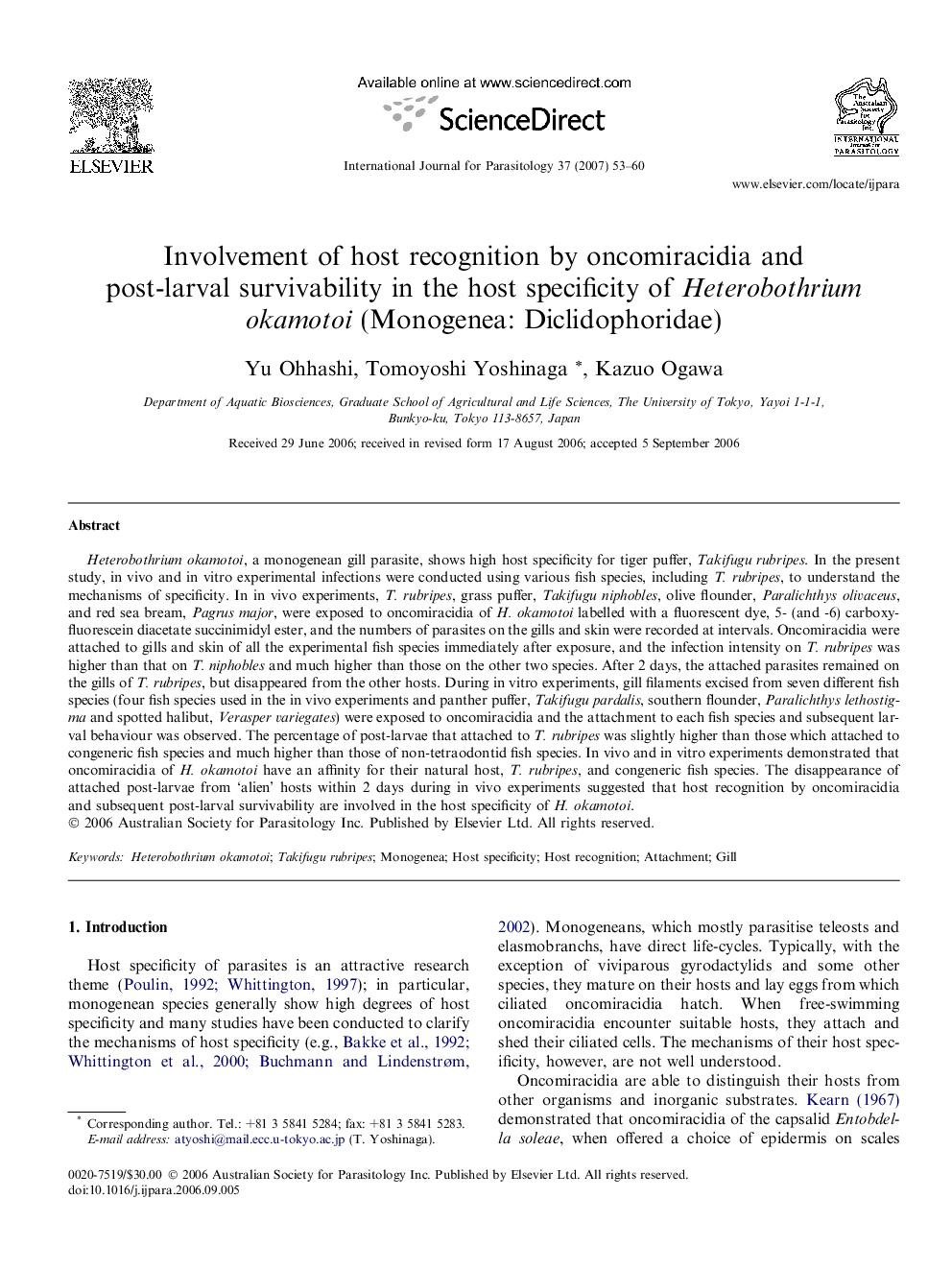 Involvement of host recognition by oncomiracidia and post-larval survivability in the host specificity of Heterobothrium okamotoi (Monogenea: Diclidophoridae)