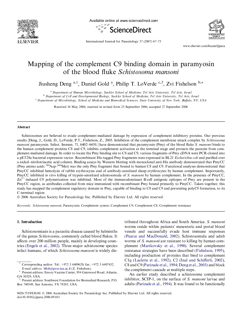 Mapping of the complement C9 binding domain in paramyosin of the blood fluke Schistosoma mansoni