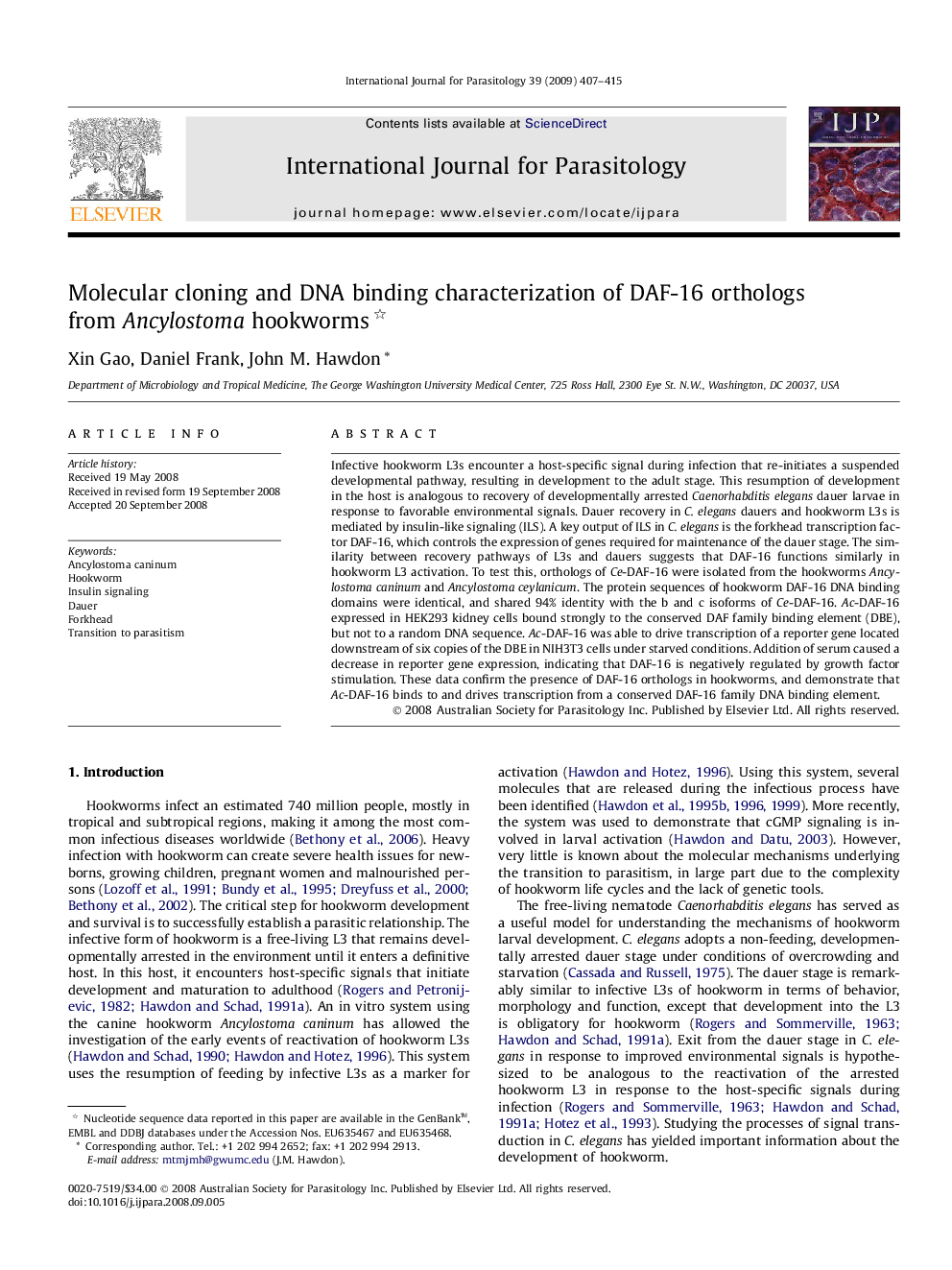 Molecular cloning and DNA binding characterization of DAF-16 orthologs from Ancylostoma hookworms 