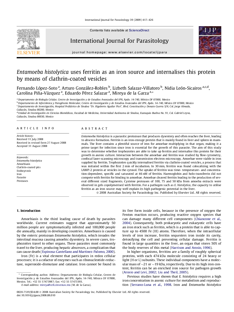 Entamoeba histolytica uses ferritin as an iron source and internalises this protein by means of clathrin-coated vesicles