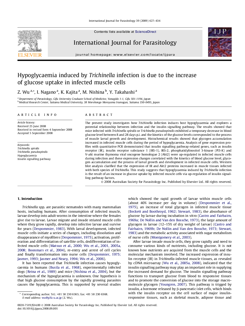 Hypoglycaemia induced by Trichinella infection is due to the increase of glucose uptake in infected muscle cells