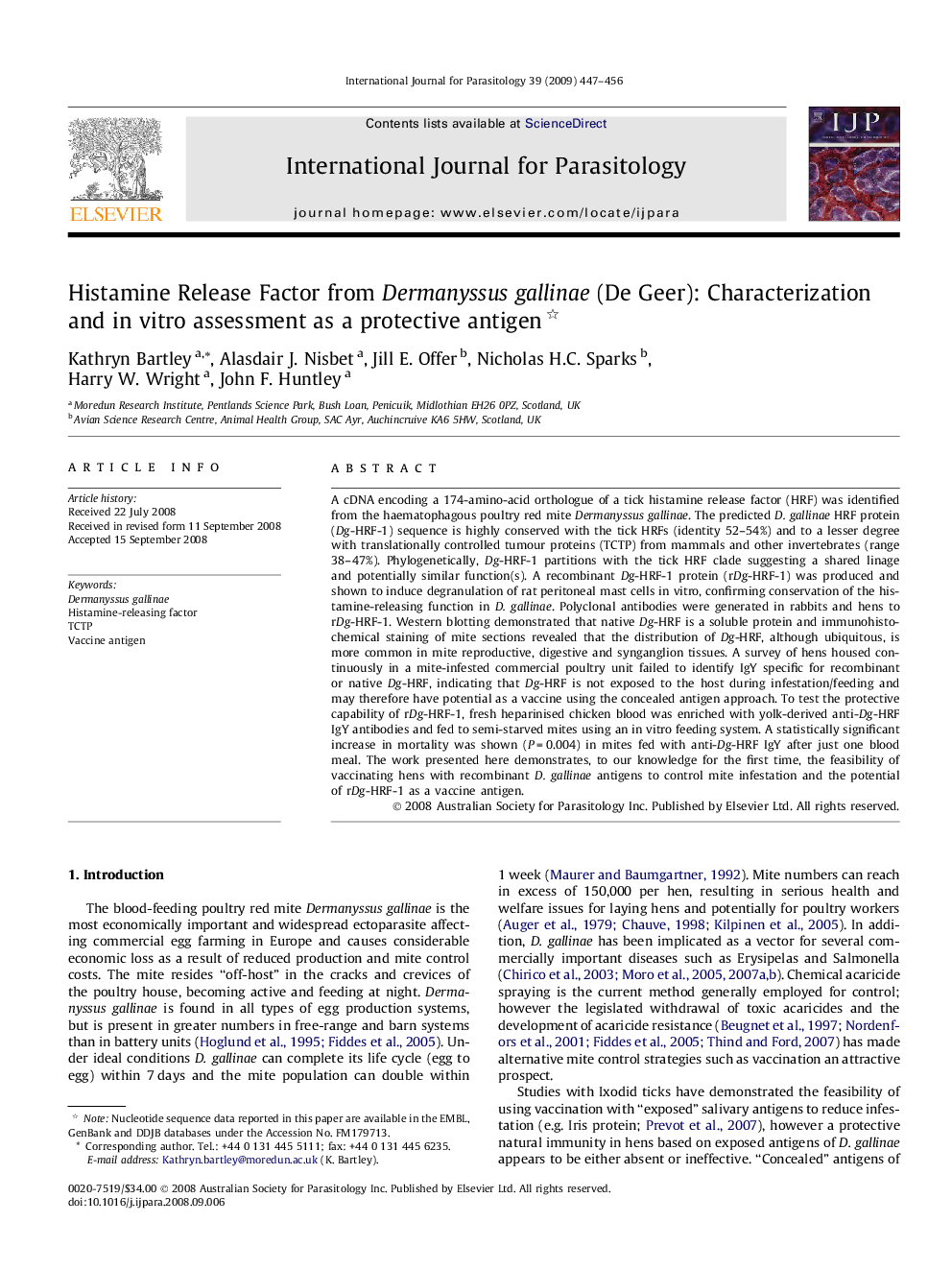 Histamine Release Factor from Dermanyssus gallinae (De Geer): Characterization and in vitro assessment as a protective antigen 