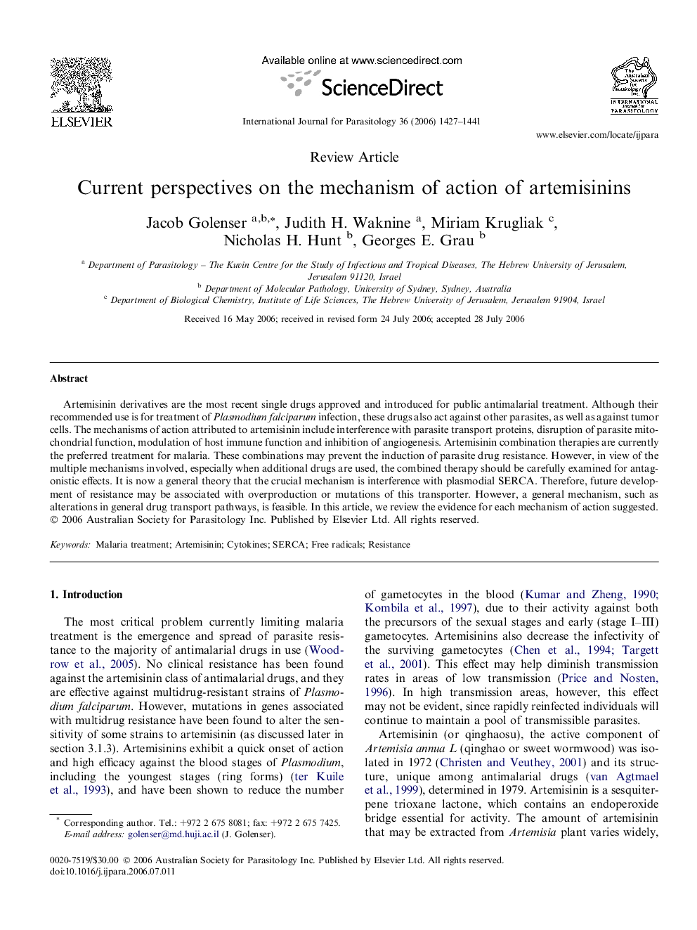 Current perspectives on the mechanism of action of artemisinins