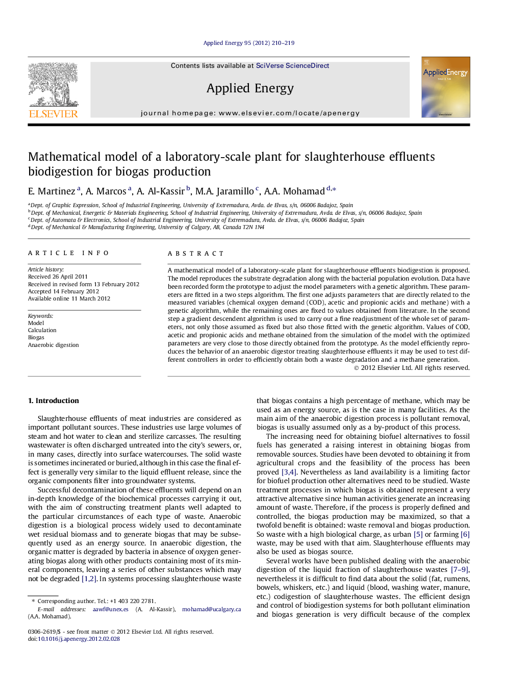 Mathematical model of a laboratory-scale plant for slaughterhouse effluents biodigestion for biogas production