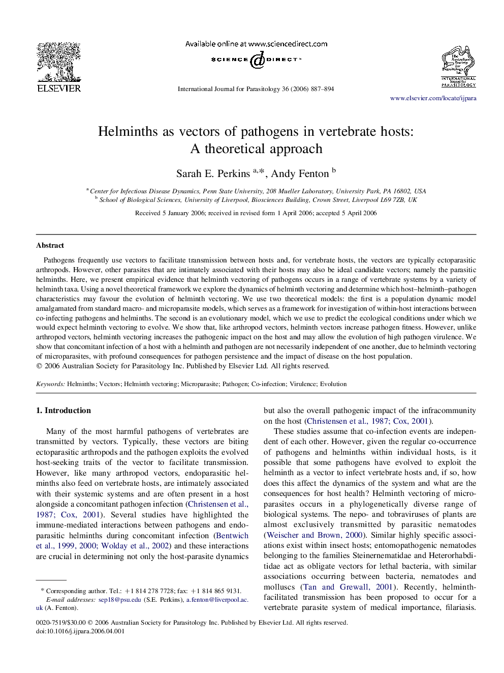 Helminths as vectors of pathogens in vertebrate hosts: A theoretical approach