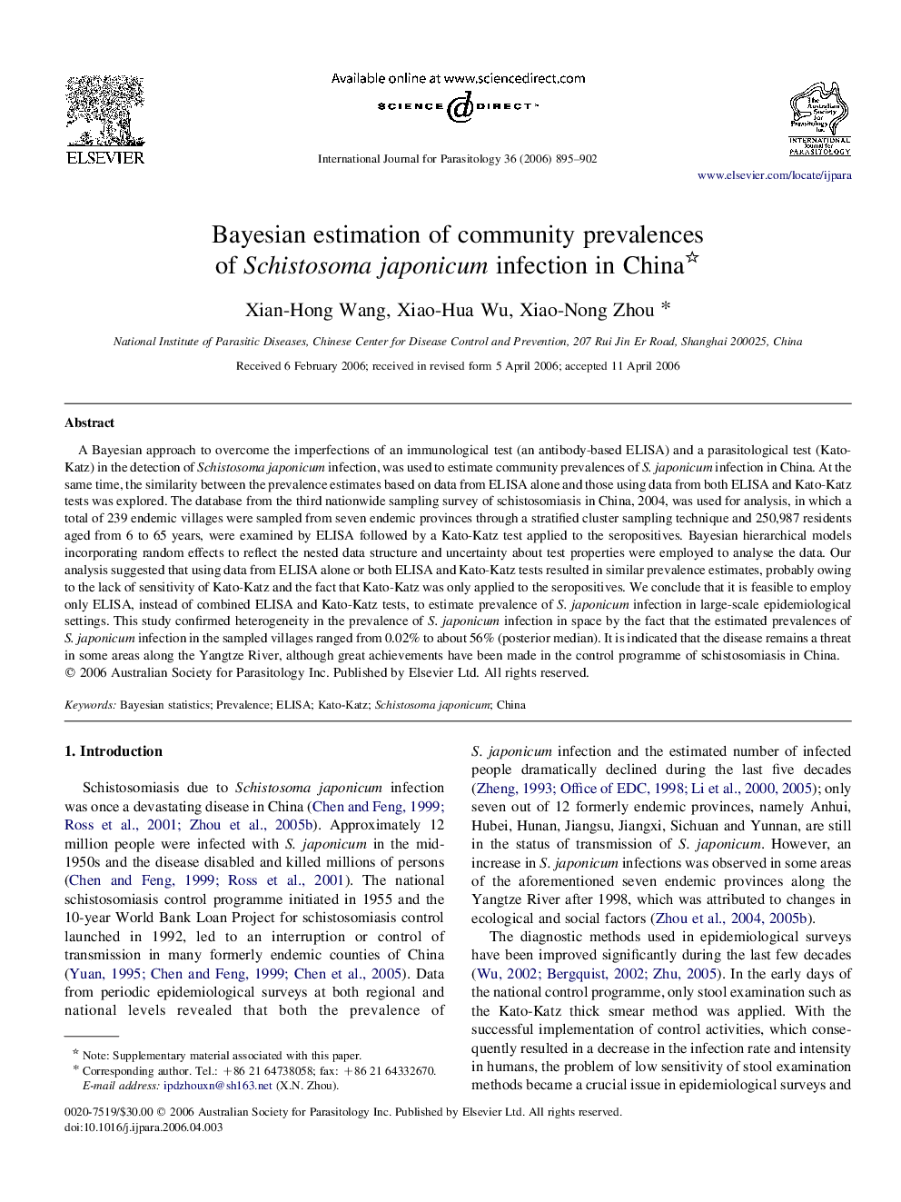 Bayesian estimation of community prevalences of Schistosoma japonicum infection in China 