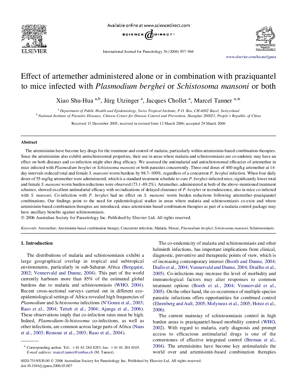 Effect of artemether administered alone or in combination with praziquantel to mice infected with Plasmodium berghei or Schistosoma mansoni or both