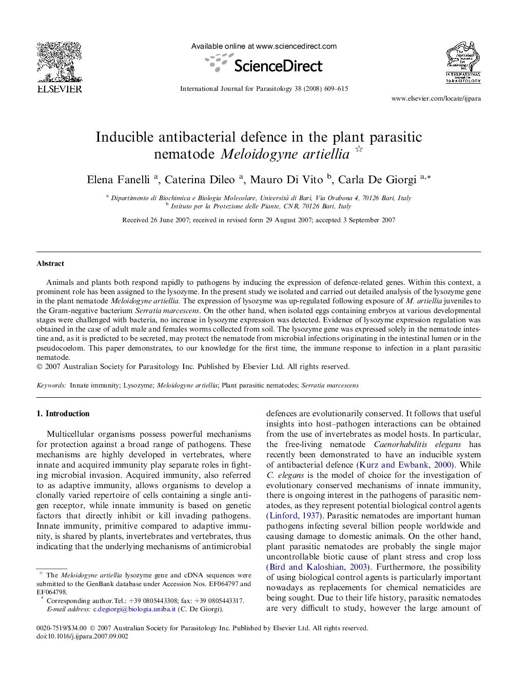 Inducible antibacterial defence in the plant parasitic nematode Meloidogyne artiellia 