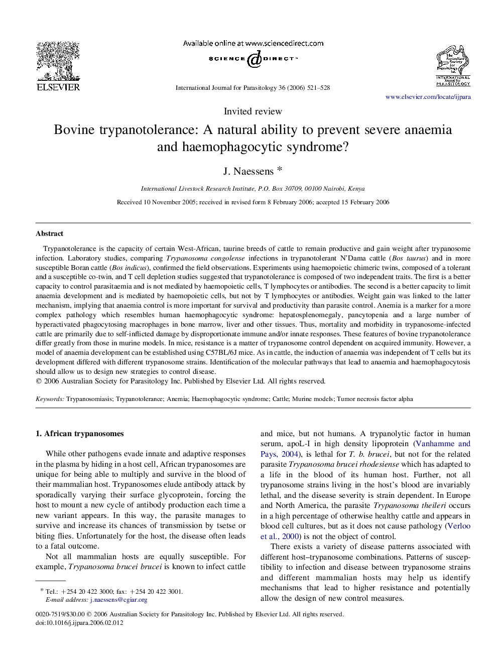 Bovine trypanotolerance: A natural ability to prevent severe anaemia and haemophagocytic syndrome?