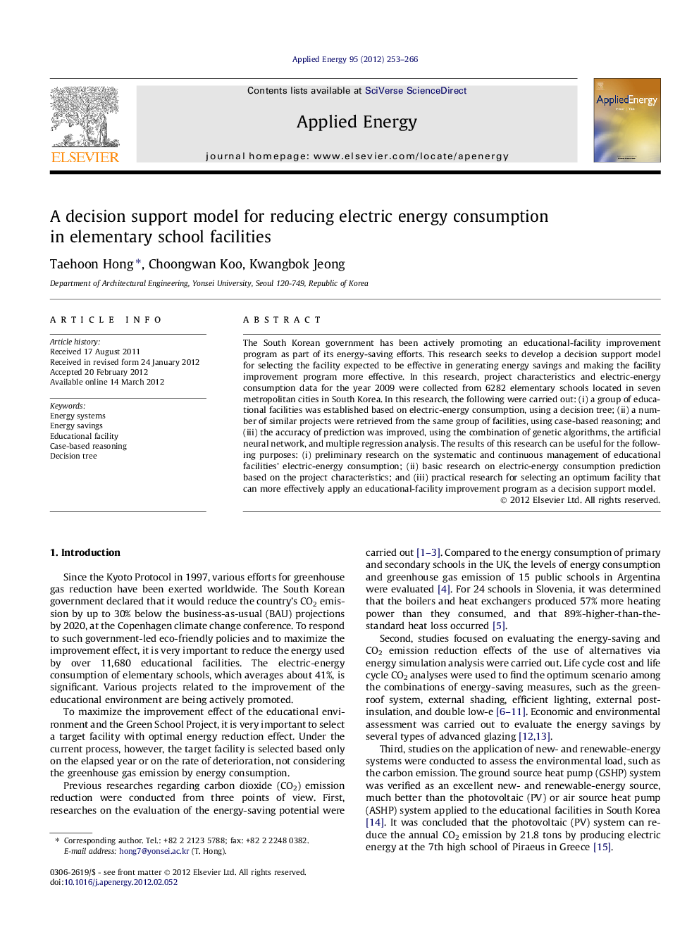 A decision support model for reducing electric energy consumption in elementary school facilities