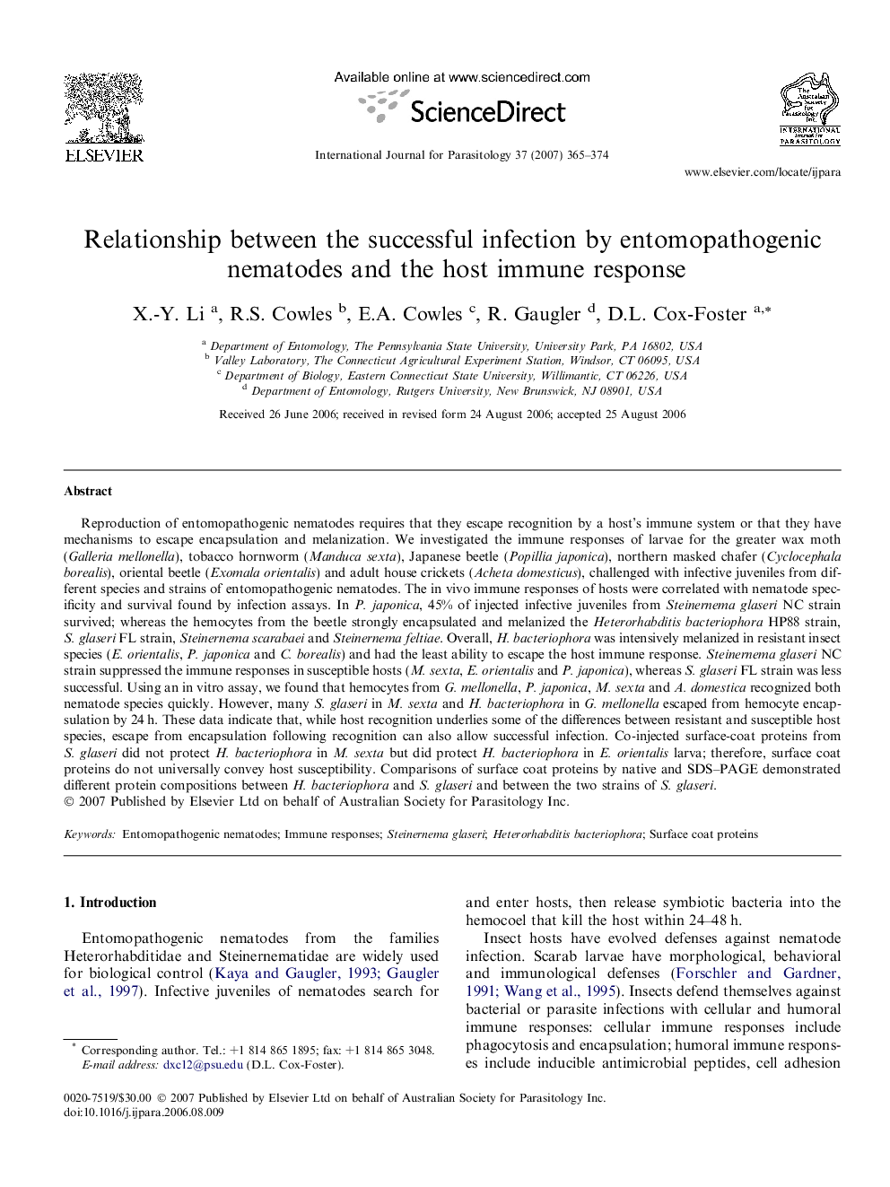 Relationship between the successful infection by entomopathogenic nematodes and the host immune response