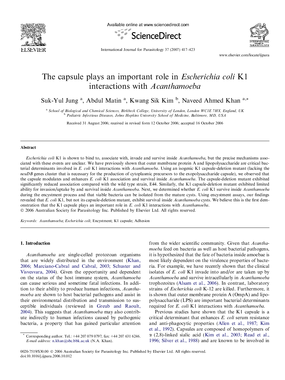 The capsule plays an important role in Escherichia coli K1 interactions with Acanthamoeba