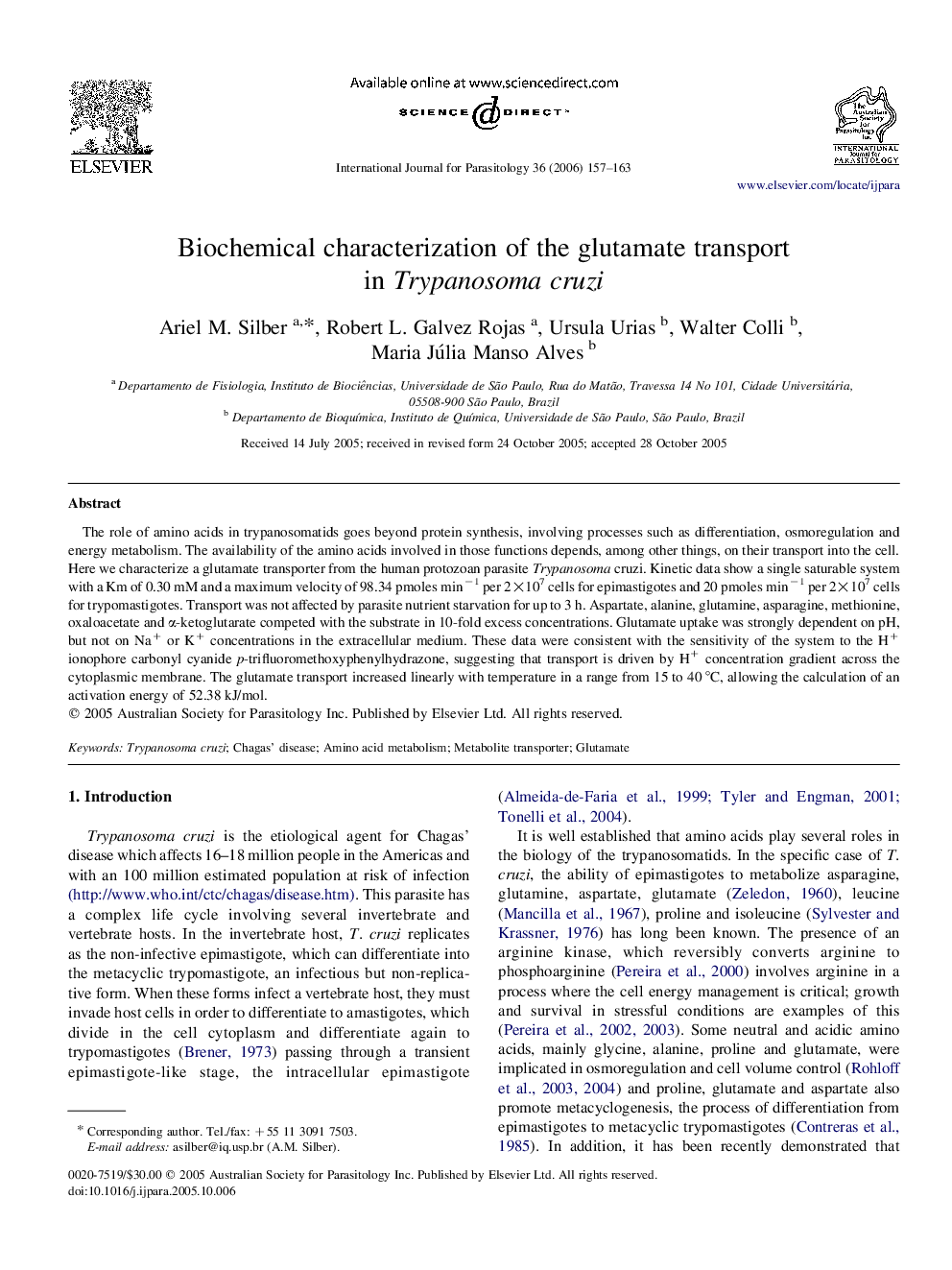 Biochemical characterization of the glutamate transport in Trypanosoma cruzi