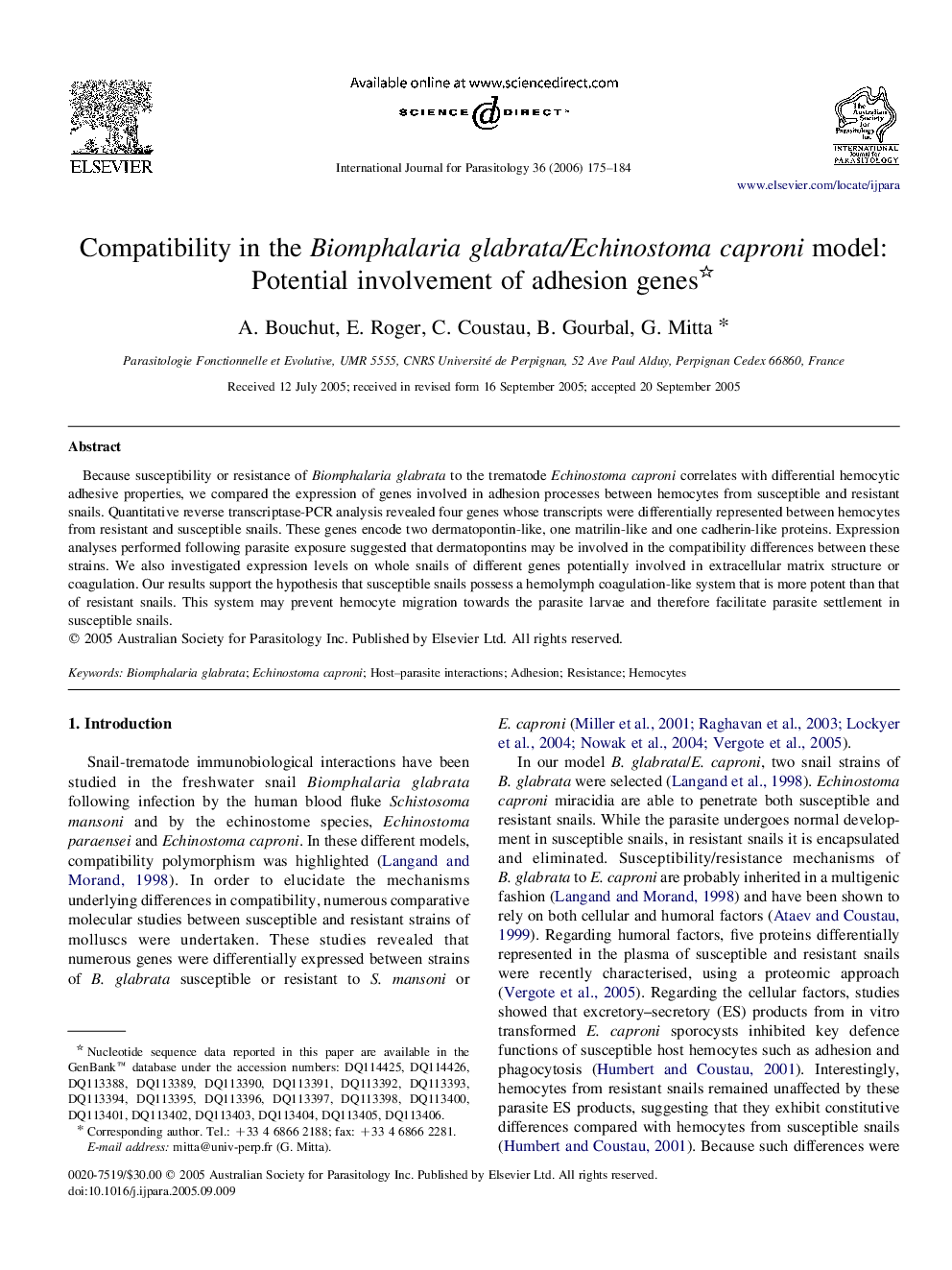 Compatibility in the Biomphalaria glabrata/Echinostoma caproni model: Potential involvement of adhesion genes 