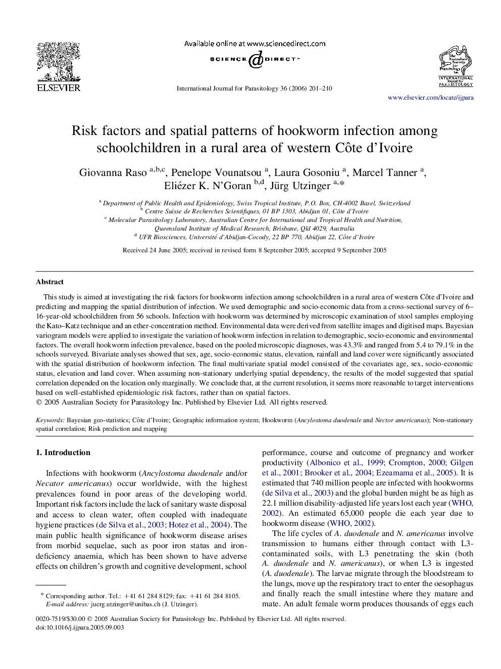 Risk factors and spatial patterns of hookworm infection among schoolchildren in a rural area of western Côte d'Ivoire