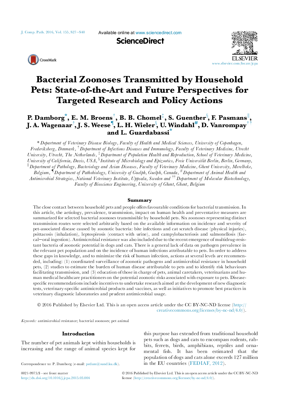 Bacterial Zoonoses Transmitted by Household Pets: State-of-the-Art and Future Perspectives for Targeted Research and Policy Actions