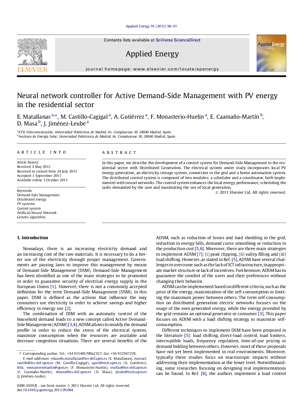 Neural network controller for Active Demand-Side Management with PV energy in the residential sector