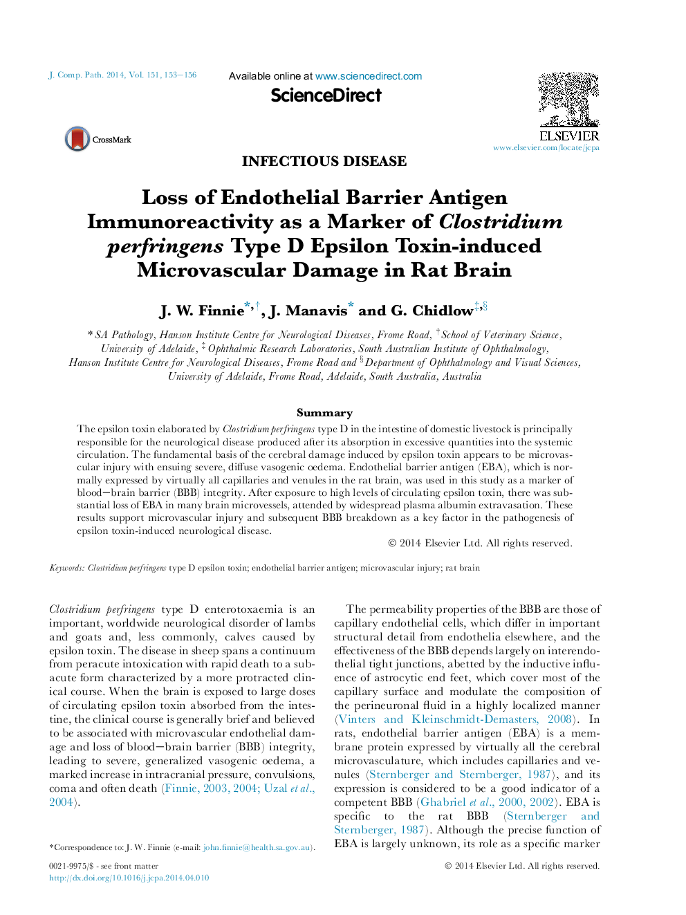 عکس صفحه اول مقاله: Loss of Endothelial Barrier Antigen Immunoreactivity as a Marker of Clostridium perfringens Type D Epsilon Toxin-induced Microvascular Damage in Rat Brain Loss of Endothelial Barrier Antigen Immunoreactivity as a Marker of Clostridium perfringens Type D Epsilon Toxin-induced Microvascular Damage in Rat Brain