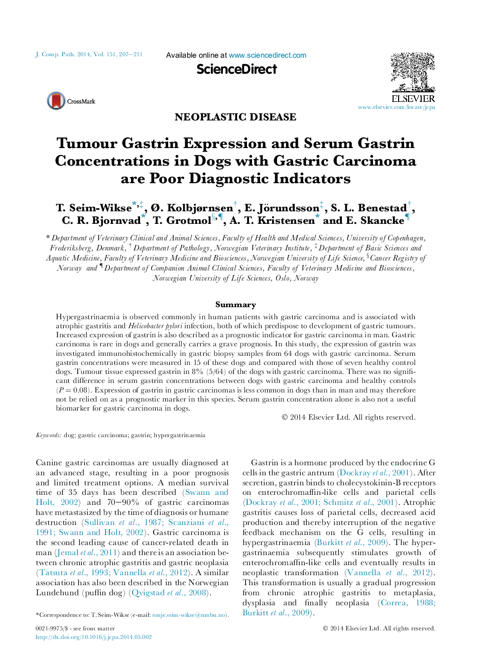 Tumour Gastrin Expression and Serum Gastrin Concentrations in Dogs with Gastric Carcinoma are Poor Diagnostic Indicators