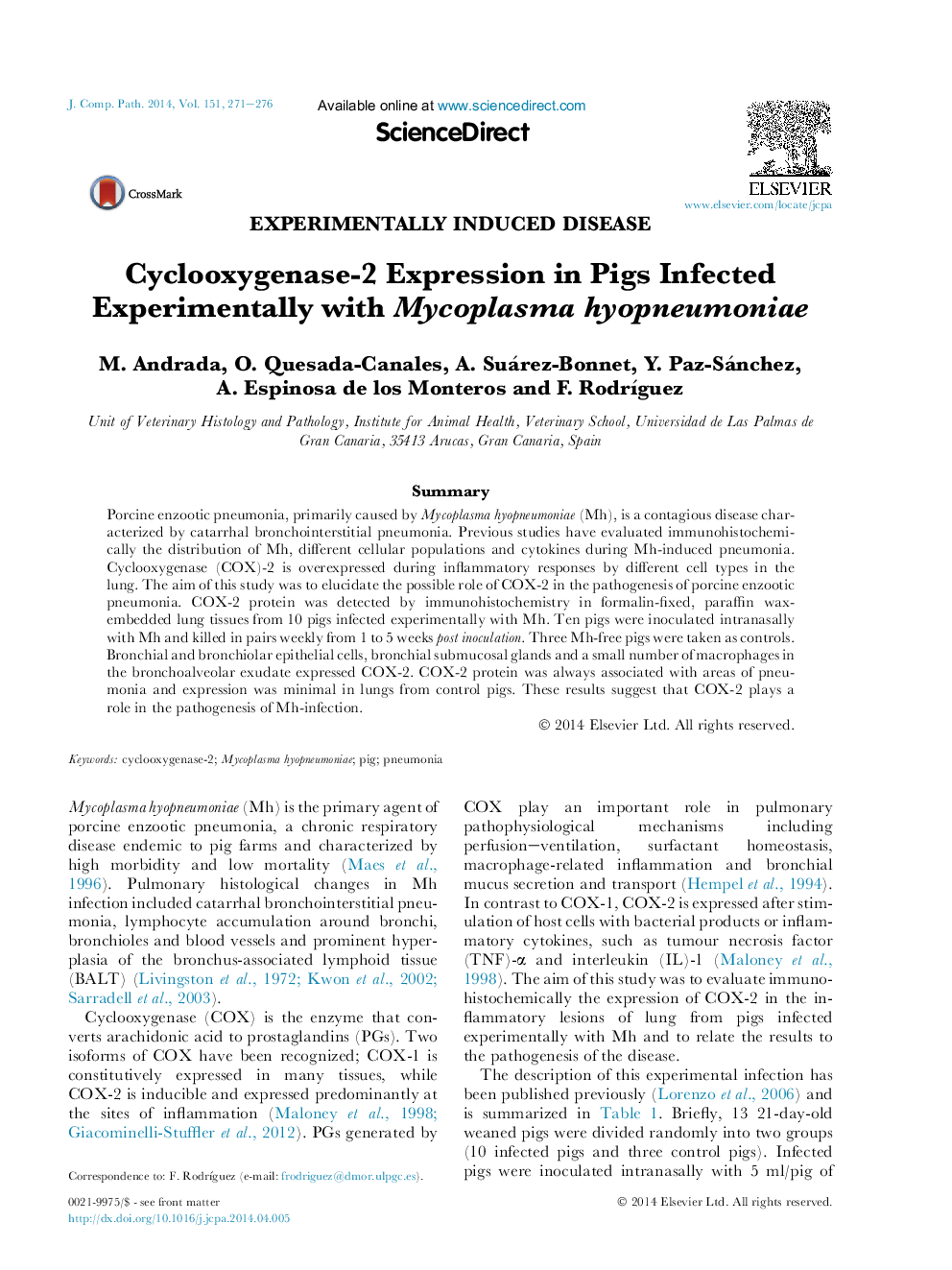 Cyclooxygenase-2 Expression in Pigs Infected Experimentally with Mycoplasma hyopneumoniae