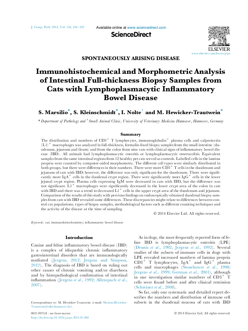 Immunohistochemical and Morphometric Analysis of Intestinal Full-thickness Biopsy Samples from Cats with Lymphoplasmacytic Inflammatory Bowel Disease