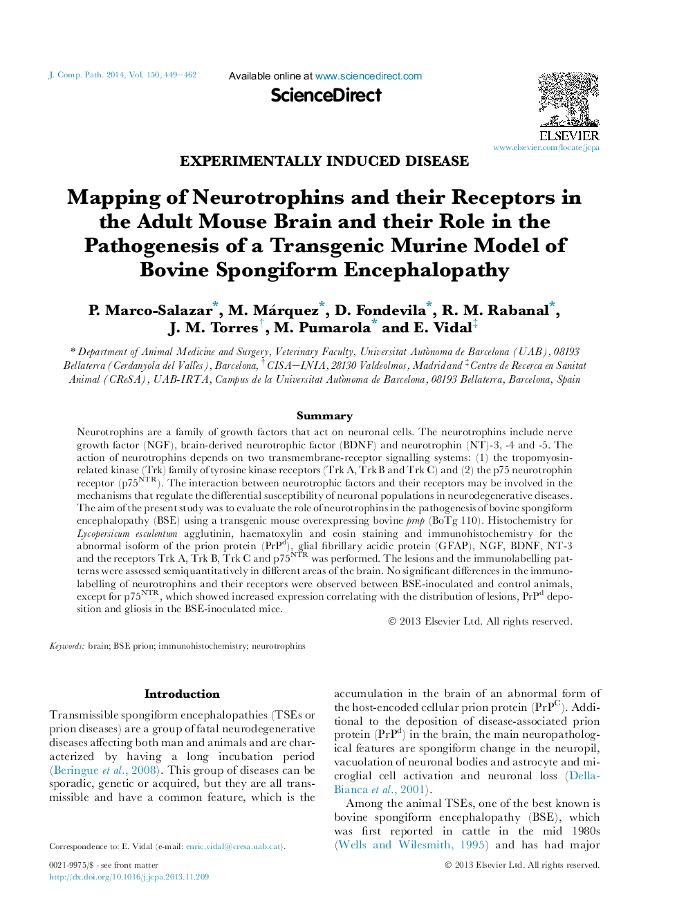 Mapping of Neurotrophins and their Receptors in the Adult Mouse Brain and their Role in the Pathogenesis of a Transgenic Murine Model of Bovine Spongiform Encephalopathy