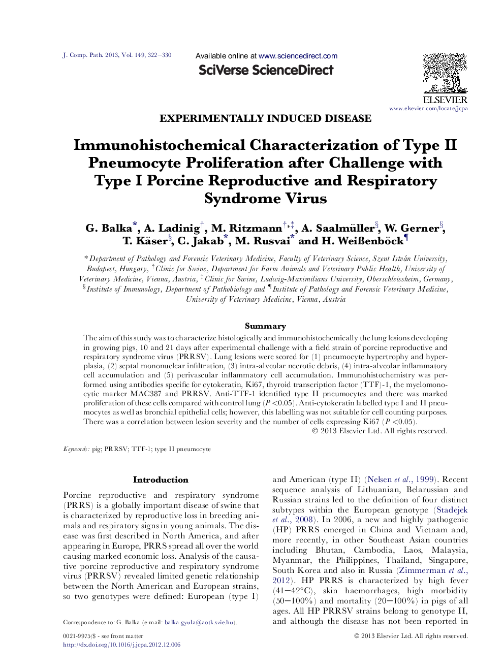 Immunohistochemical Characterization of Type II Pneumocyte Proliferation after Challenge with Type I Porcine Reproductive and Respiratory Syndrome Virus