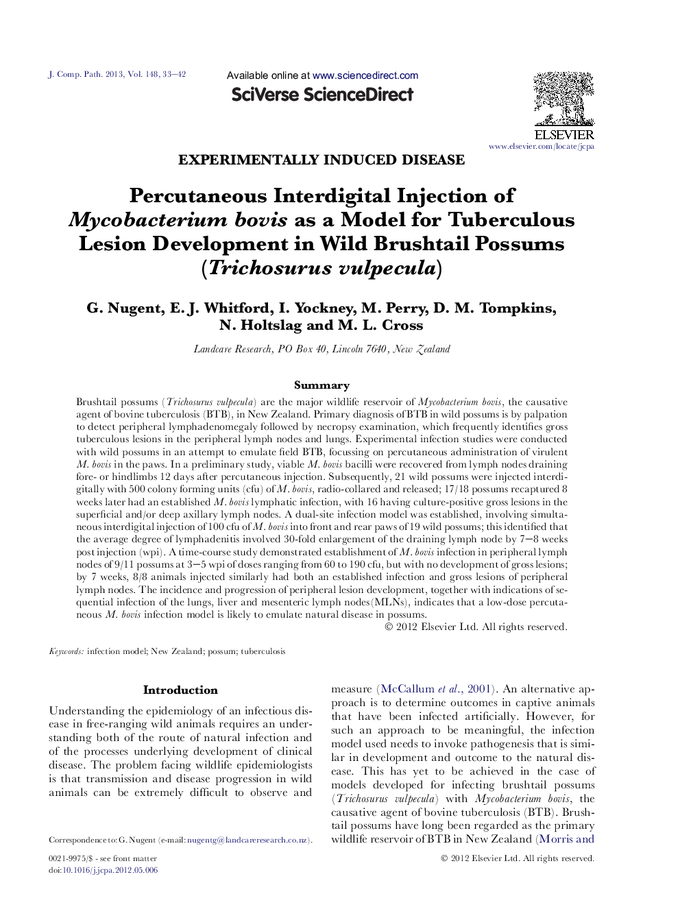 Percutaneous Interdigital Injection of Mycobacterium bovis as a Model for Tuberculous Lesion Development in Wild Brushtail Possums (Trichosurus vulpecula)