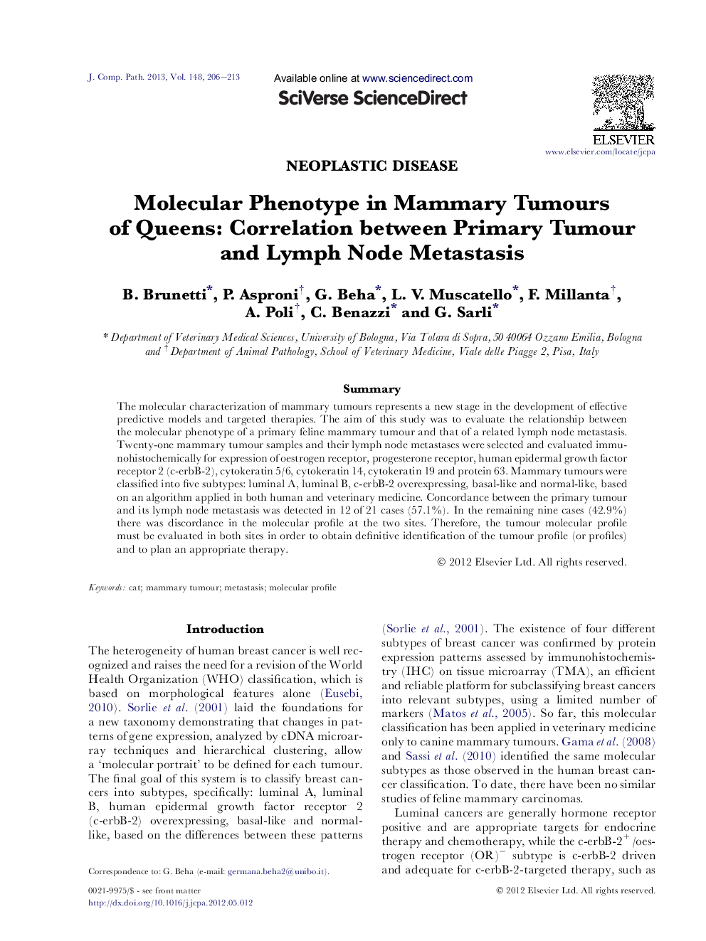 Molecular Phenotype in Mammary Tumours of Queens: Correlation between Primary Tumour and Lymph Node Metastasis