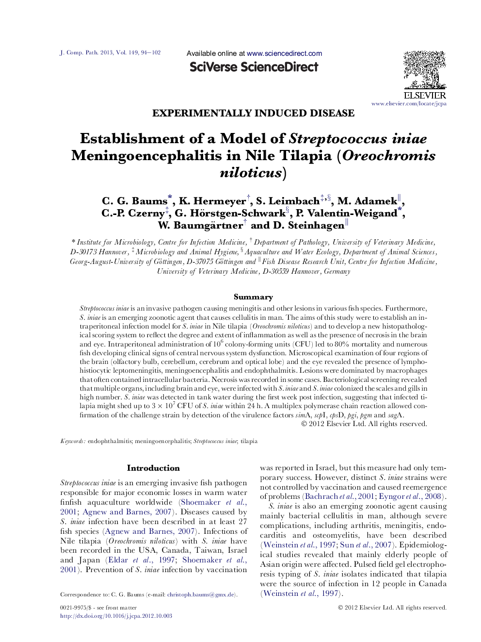 Establishment of a Model of Streptococcus iniae Meningoencephalitis in Nile Tilapia (Oreochromis niloticus)