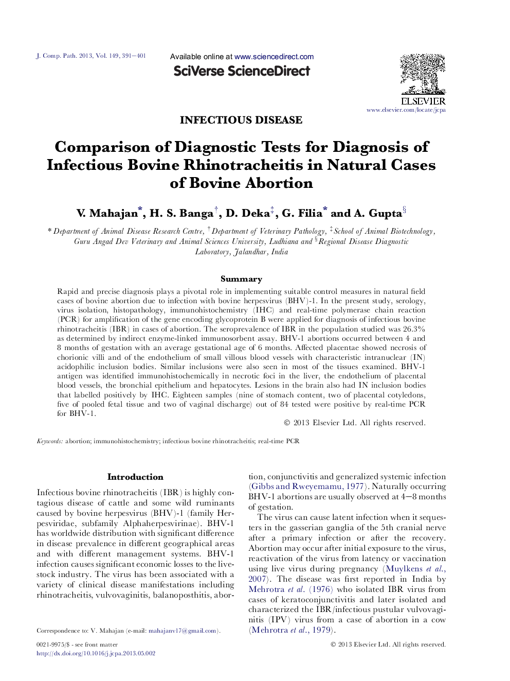 Comparison of Diagnostic Tests for Diagnosis of Infectious Bovine Rhinotracheitis in Natural Cases of Bovine Abortion