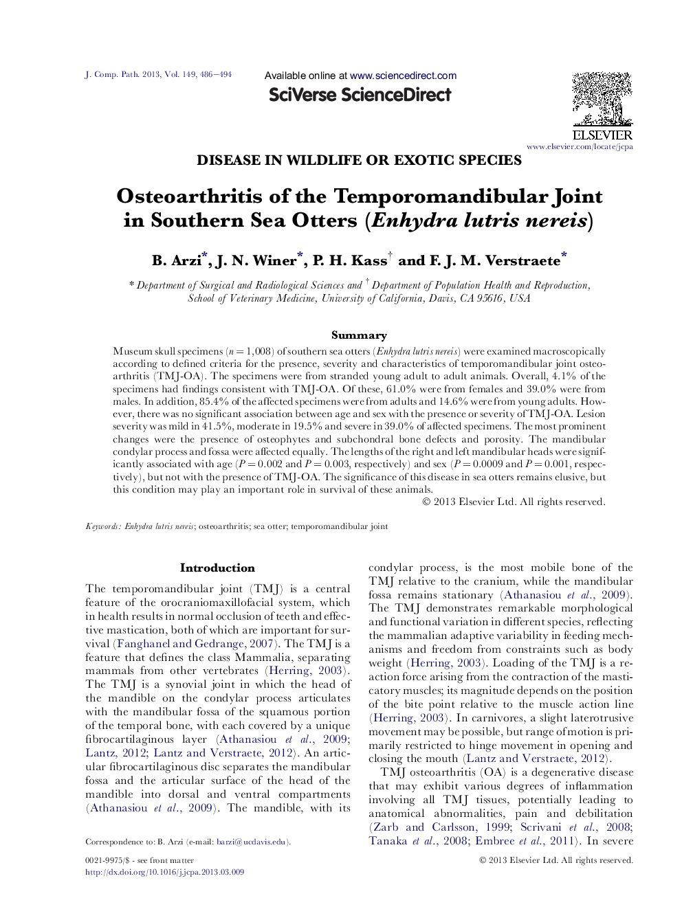 Osteoarthritis of the Temporomandibular Joint in Southern Sea Otters (Enhydra lutris nereis)