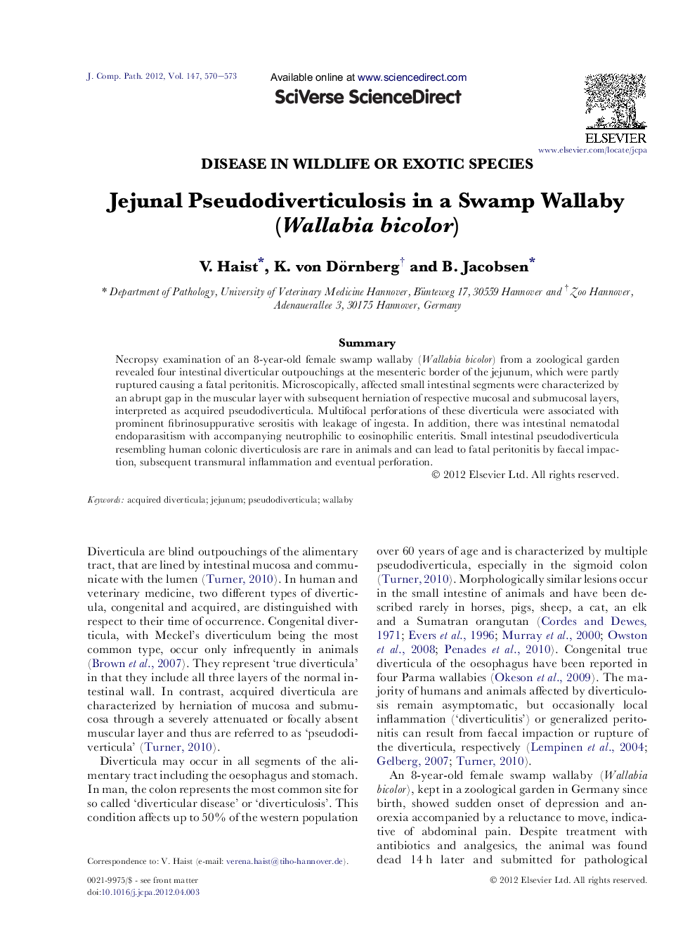 Jejunal Pseudodiverticulosis in a Swamp Wallaby (Wallabia bicolor)