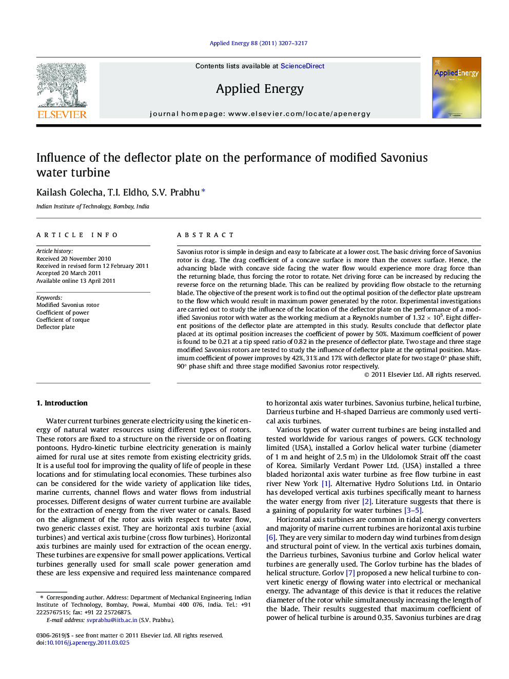 Influence of the deflector plate on the performance of modified Savonius water turbine