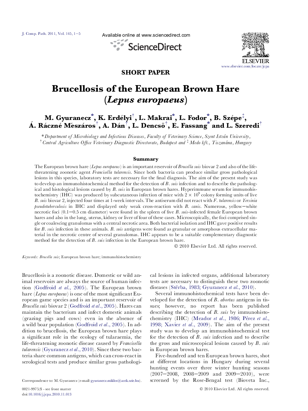 Brucellosis of the European Brown Hare (Lepus europaeus)