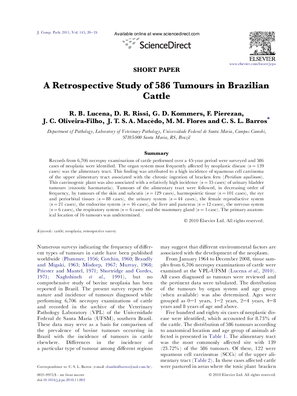 A Retrospective Study of 586 Tumours in Brazilian Cattle