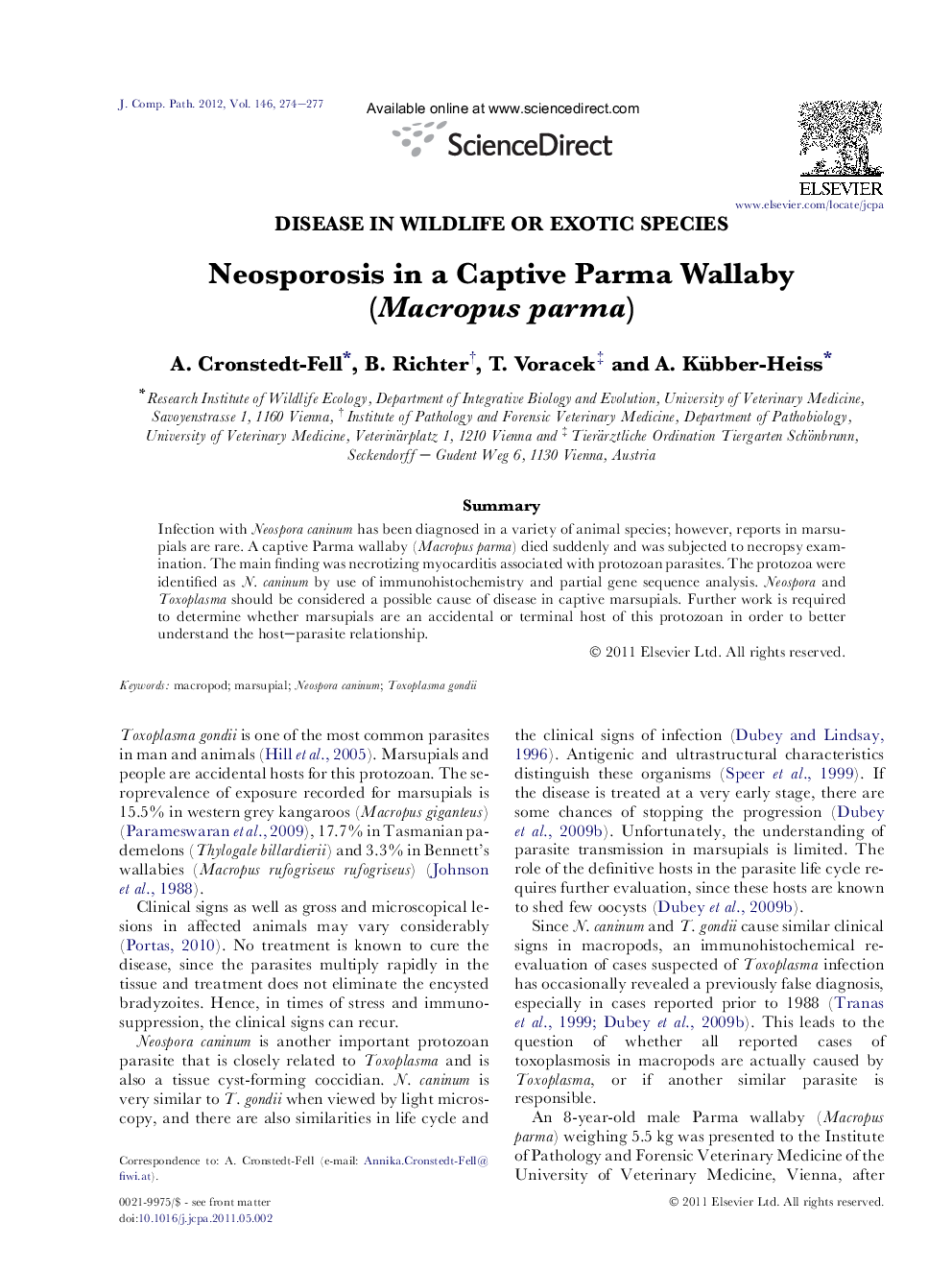 Neosporosis in a Captive Parma Wallaby (Macropus parma)