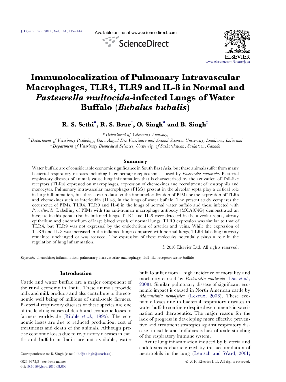 Immunolocalization of Pulmonary Intravascular Macrophages, TLR4, TLR9 and IL-8 in Normal and Pasteurella multocida-infected Lungs of Water Buffalo (Bubalus bubalis)