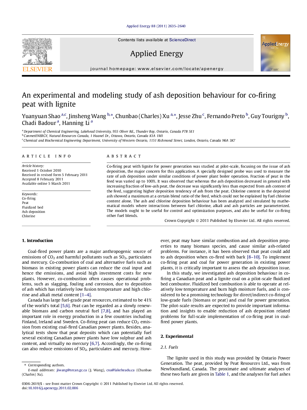 An experimental and modeling study of ash deposition behaviour for co-firing peat with lignite